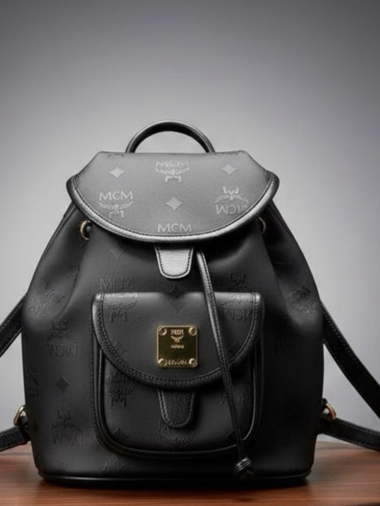 MCM Handbags - MCM Black Leather Logo Drawstring Backpack